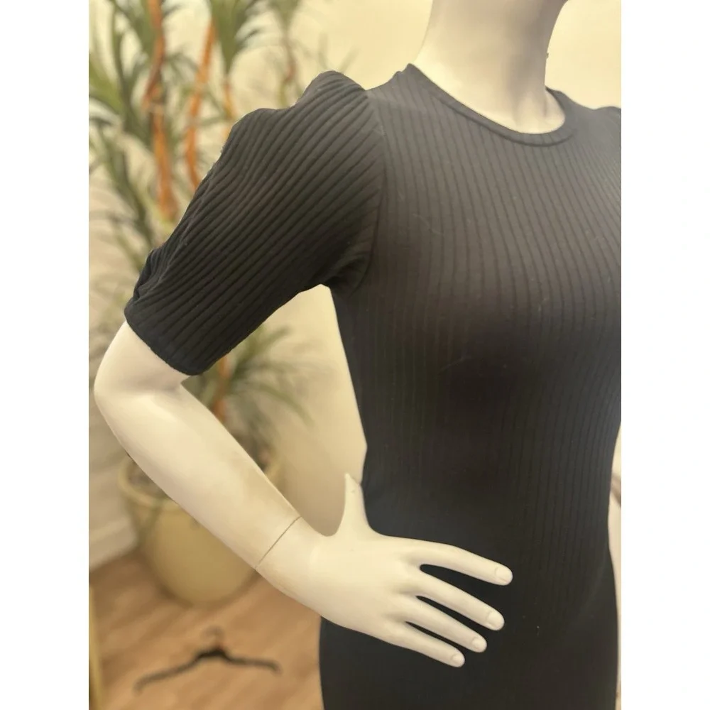 ZARA Black Dress Women Size M/6/8 Ribbed Knit Puff Sleeve Bodycon Sweater Fitted